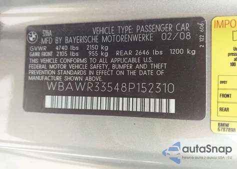 2008 BMW 328I from USA, damaged, VIN WBAWR33548P152310